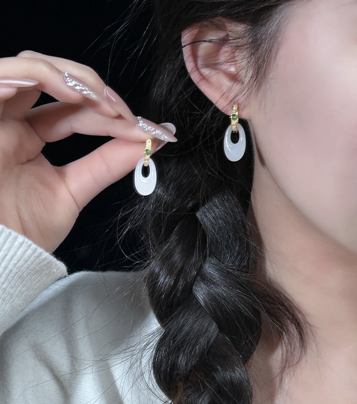 天然和田玉高冰羊脂白玉耳环新中式古风纯银耳挂平安扣玉石耳钉女