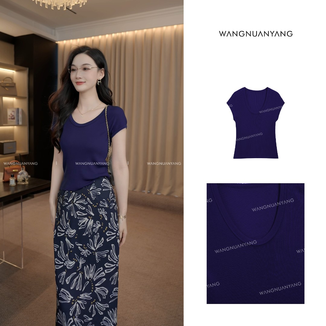 【WNY】活力夏日|夏季U领薄款天丝小飞袖洋气修身显瘦针织上衣