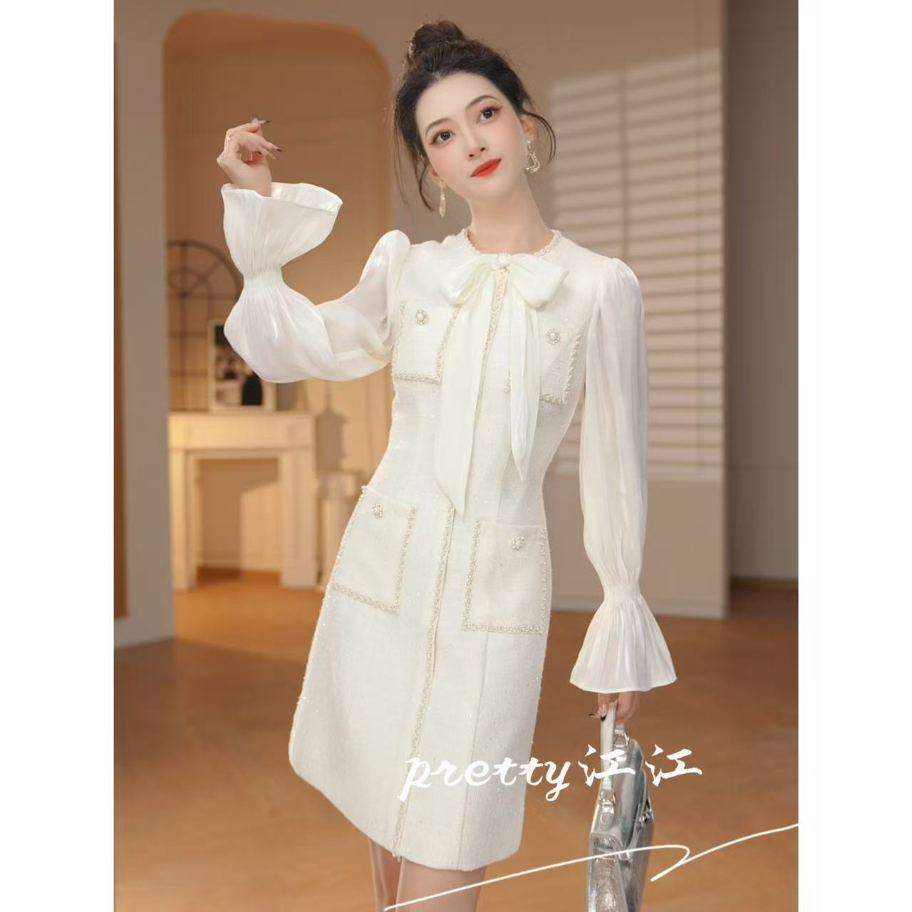 Pretty小众设计师品牌江江定制 喇叭袖小众法式时尚连衣裙9178