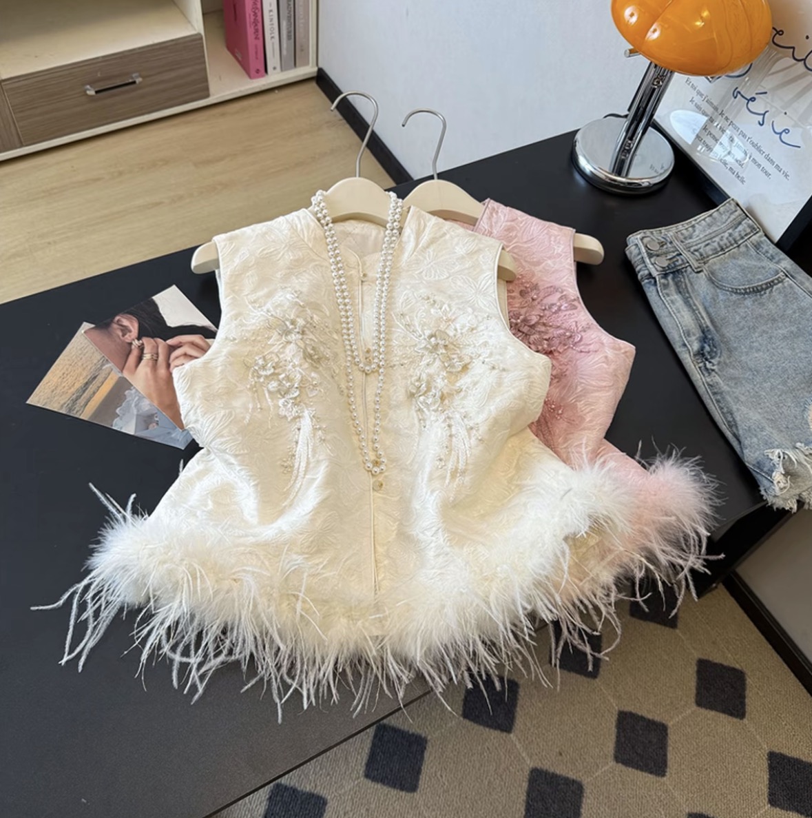 【加棉加厚+毛毛可拆卸】新中式亮片刺绣提花马甲国风时尚百搭上衣