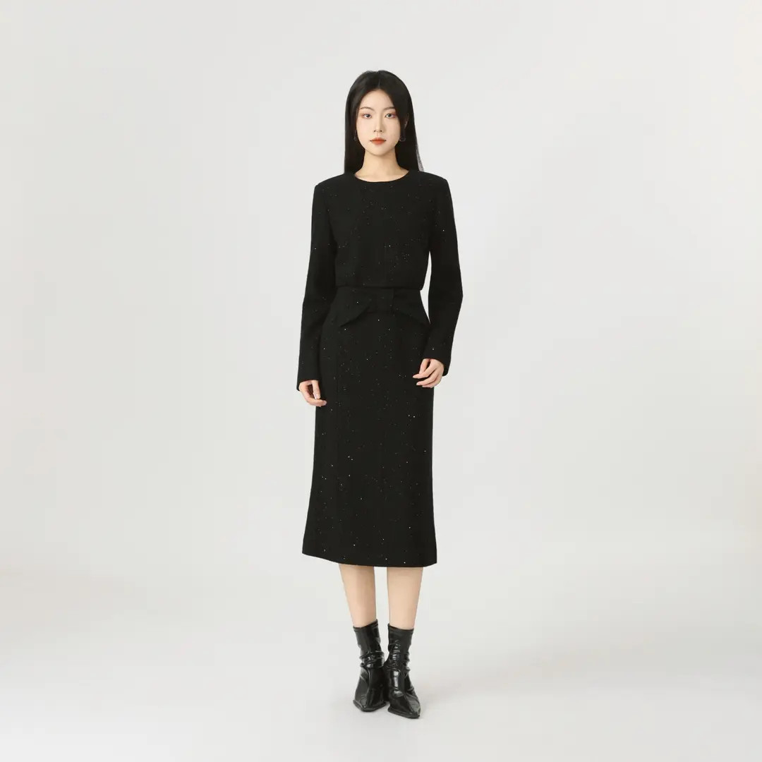 AMASS/阿玛施法式赫本风毛呢亮片蝴蝶结优雅显瘦连衣裙550037