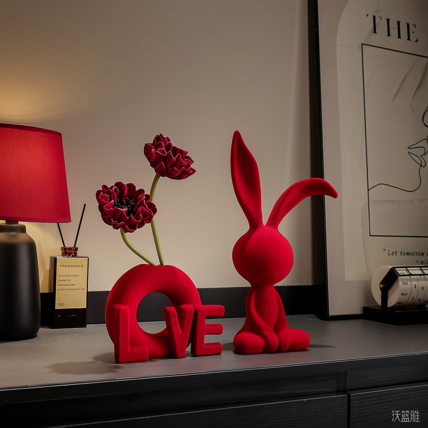 轻奢植绒湾耳兔花瓶组合摆件客厅电视柜玄关卧室酒柜装饰品摆件