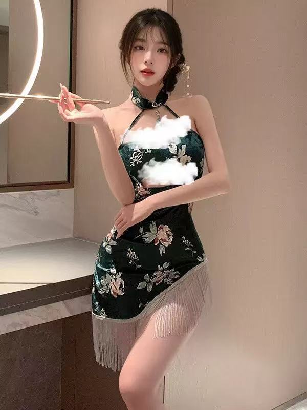 睡裙女款印花旗袍制服流苏吊带包臀裙显瘦性感夏季复古国风挂脖