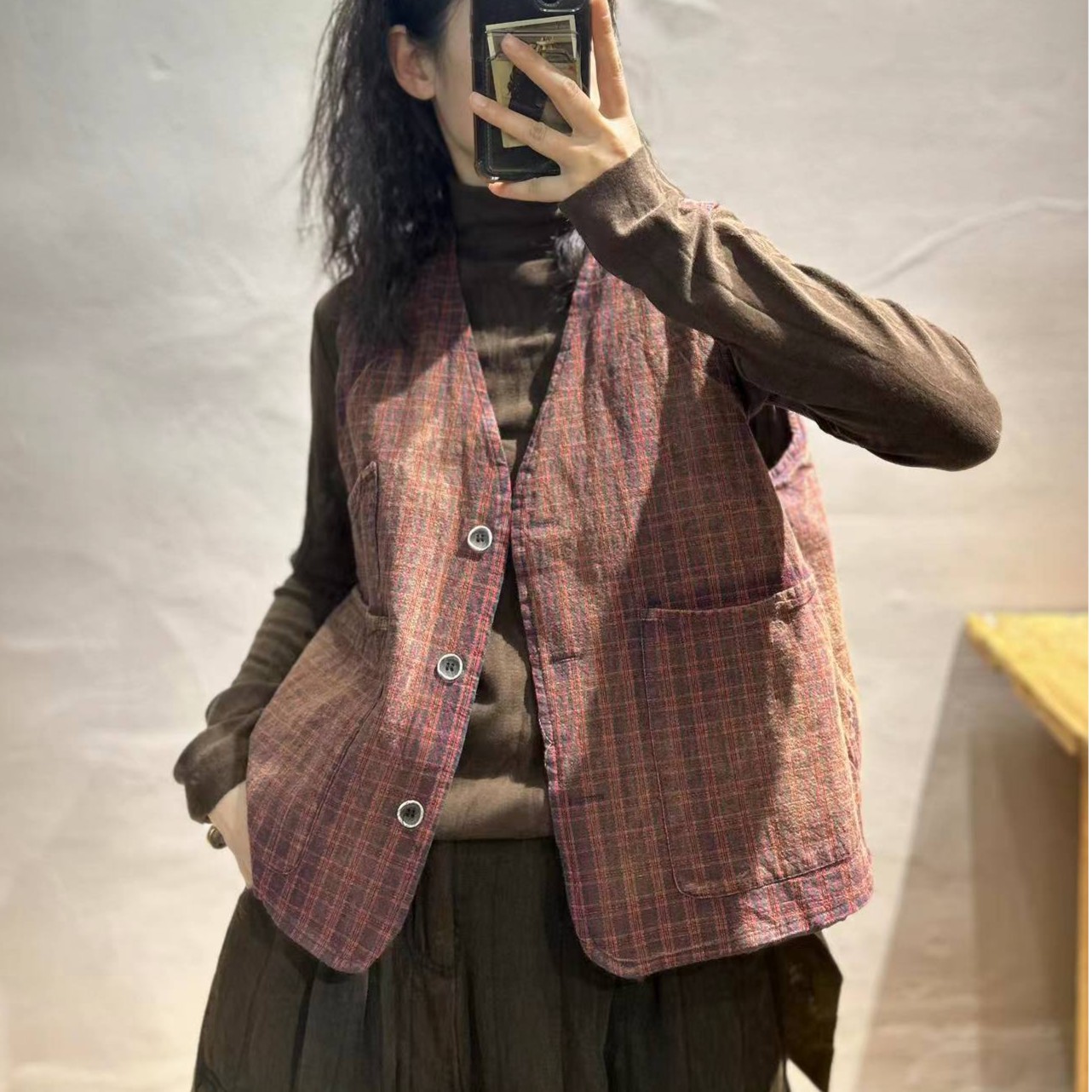 【半奏】冬季新款百搭老布炒色做旧格子夹棉马甲女胸围110 衣长58
