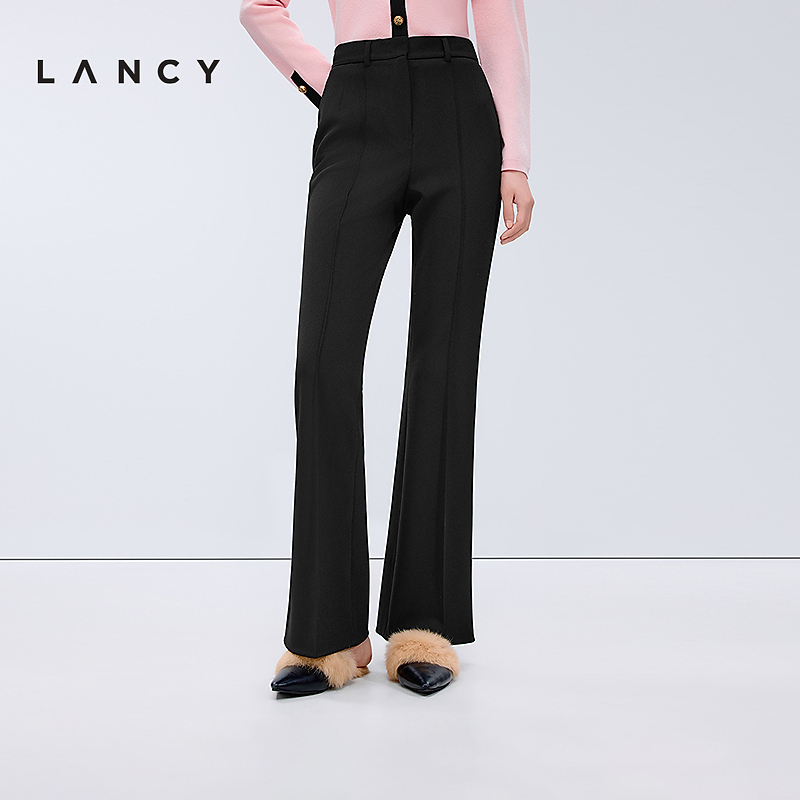 LANCY/朗姿2025年新款气质通勤显瘦微喇裤女高腰百搭黑色长裤子