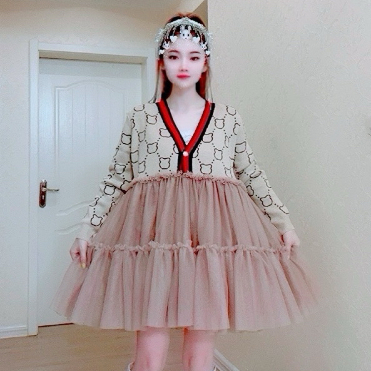 【面条家】5416#秋冬开衫外套纱纱拼接连衣裙