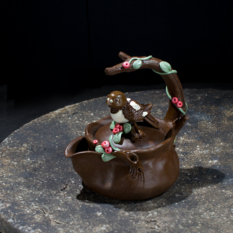 黄秋阳原创手作喜鹊提梁宝瓶茶壶雕塑陶艺日式手抓茶壶泡茶器茶具