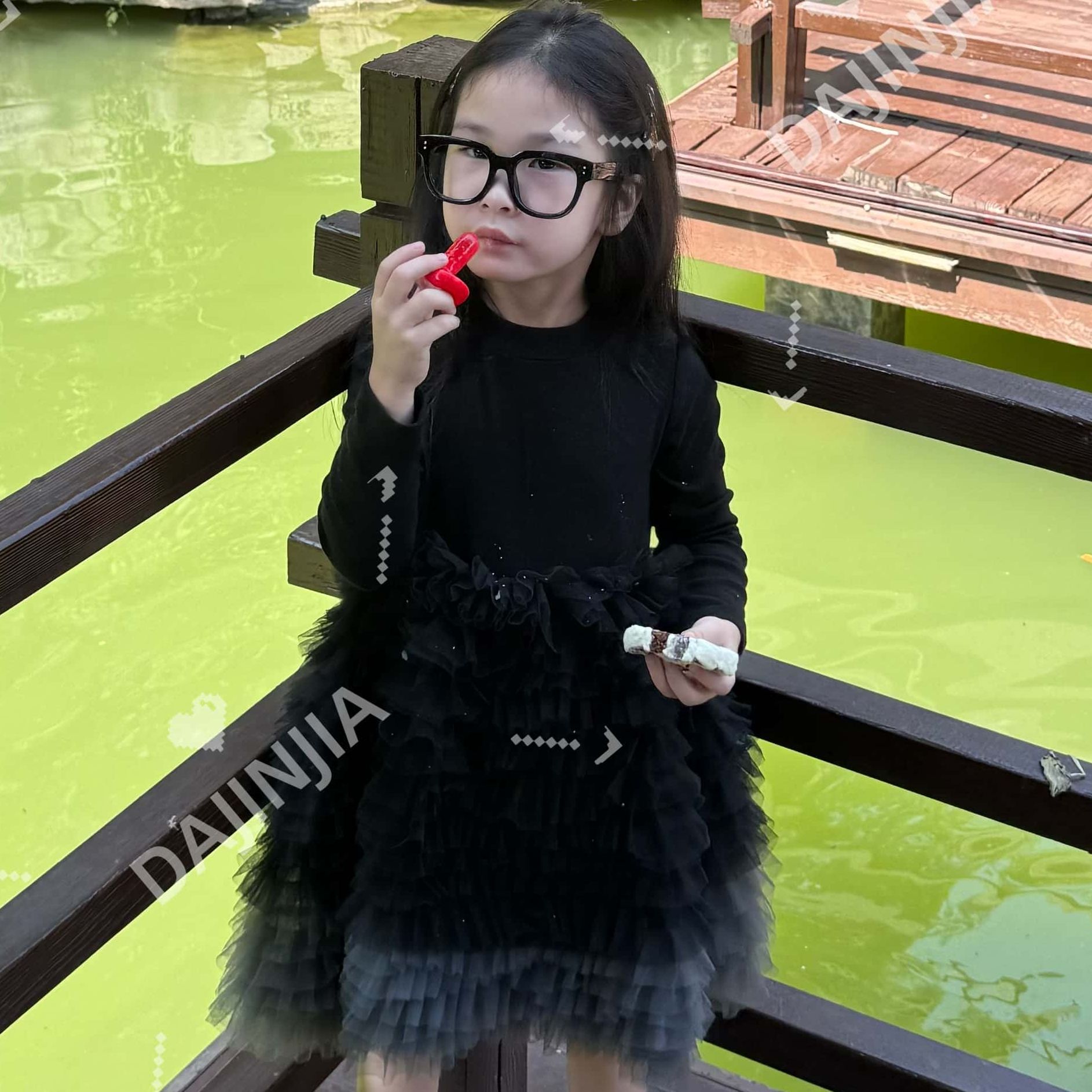 【现现】韩系高级感黑色拼色网纱蛋糕长袖连衣裙女宝宝蓬松公主裙