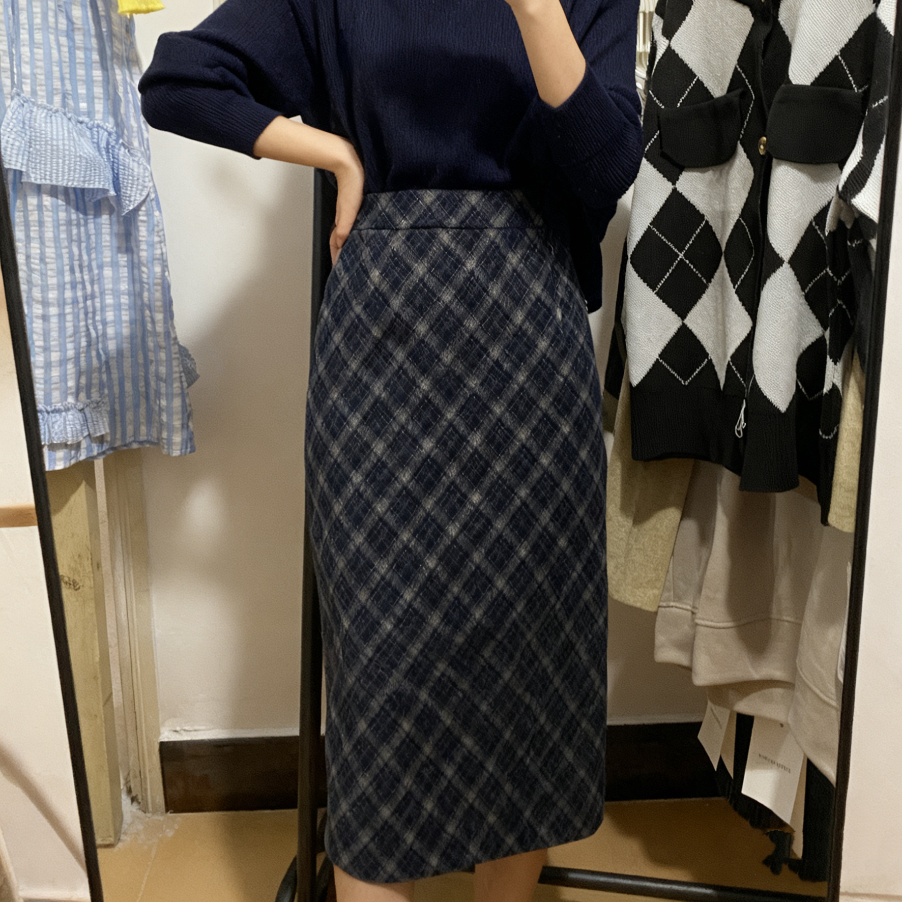 秋冬气质复古格子毛呢半身裙新款菱格高腰开叉中长款百搭直筒裙