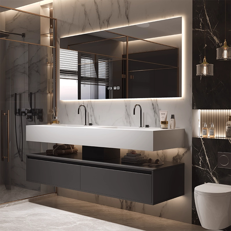 轻奢现代双盆浴室柜组合岩板无缝一体盆柜组合卫生间洗漱台洗手盆