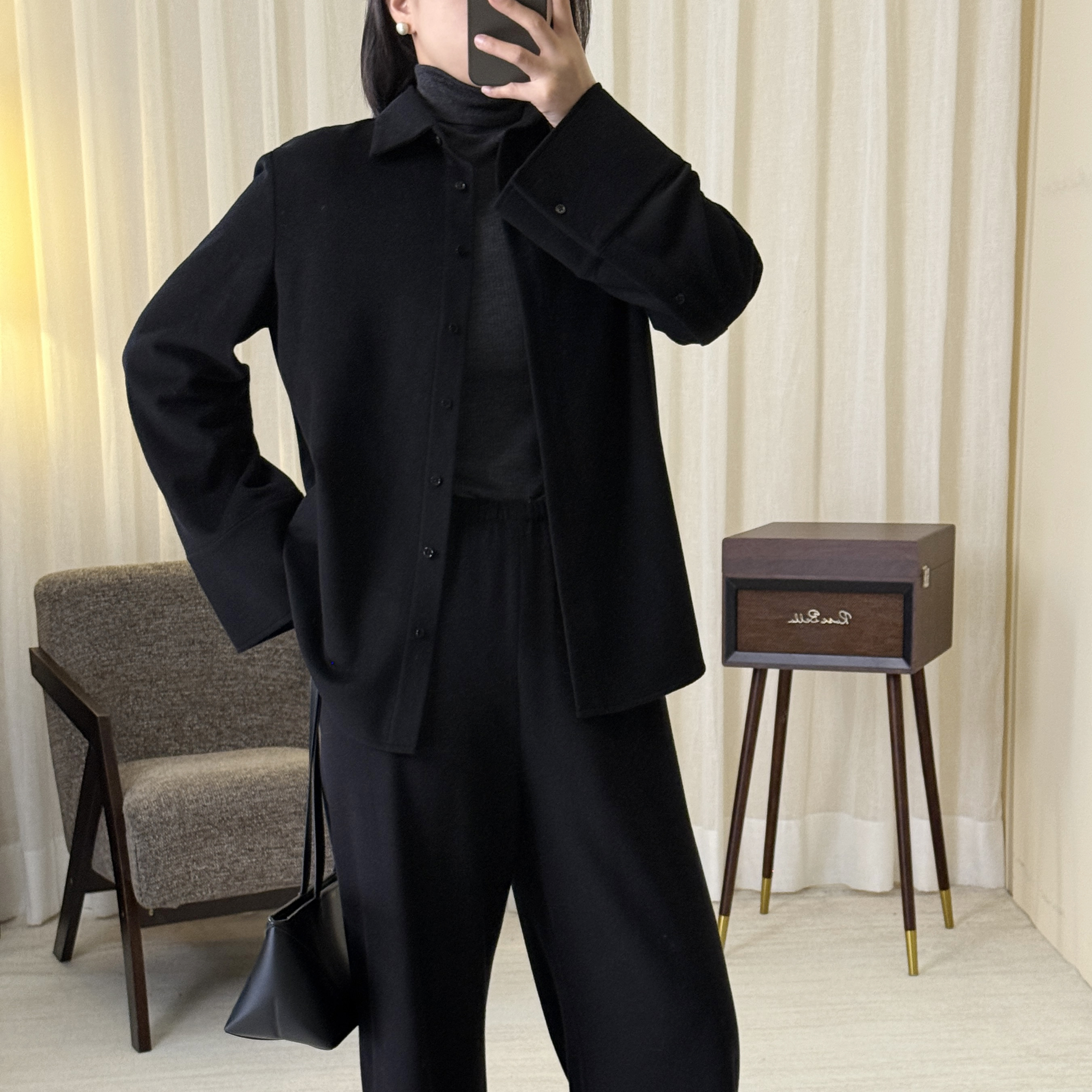 [WJ专属]"至简”气质翻领长袖设计感百搭显瘦纯色 羊绒衬衫8018