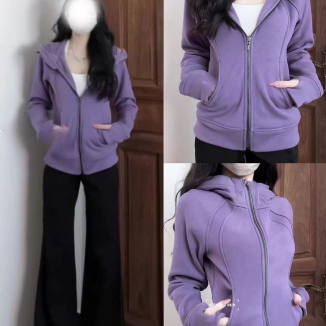 紫色韩系短款收腰显瘦外套女秋冬季运动加绒休闲连帽拉链开衫卫衣
