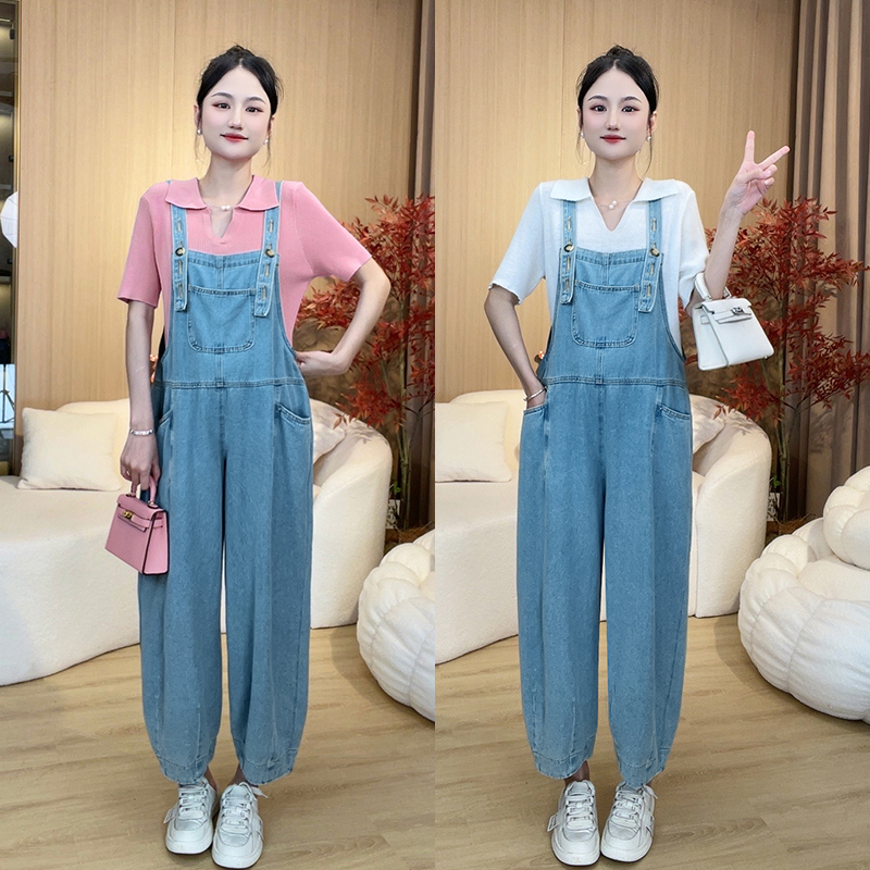 秋夏季孕妇装时尚纯色长短袖显瘦孕妇牛仔背带九分裤直筒裤孕妇裤