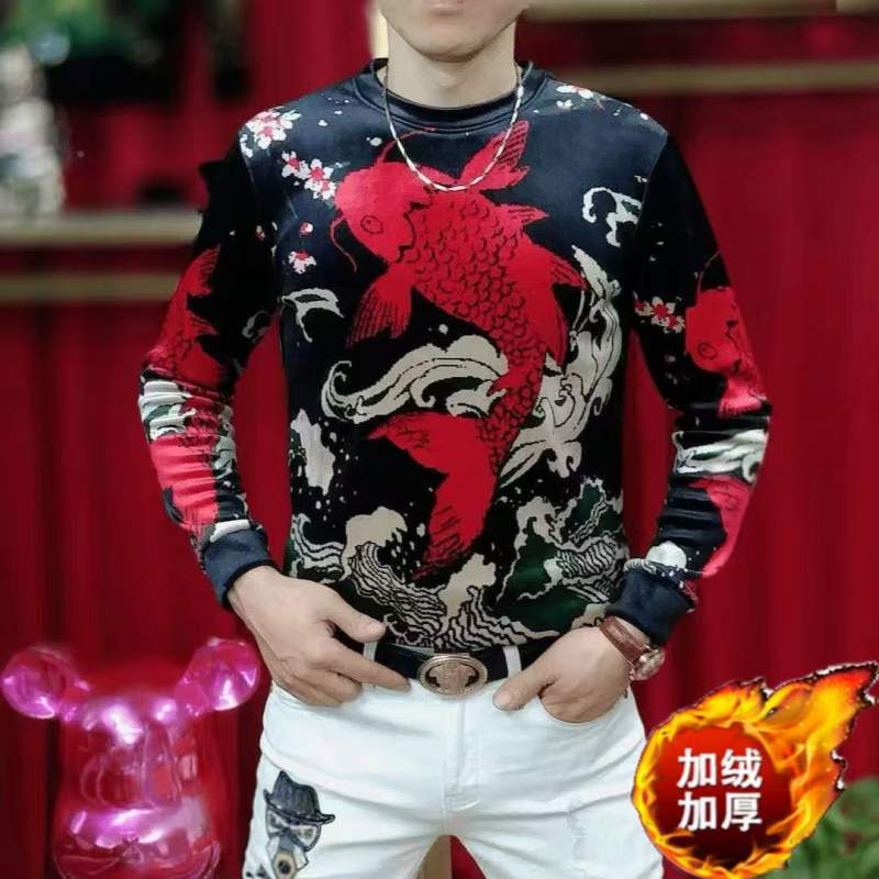 欧货秋冬男士新款时尚休闲锦鲤圆领打底衫潮流修身百搭加绒卫衣