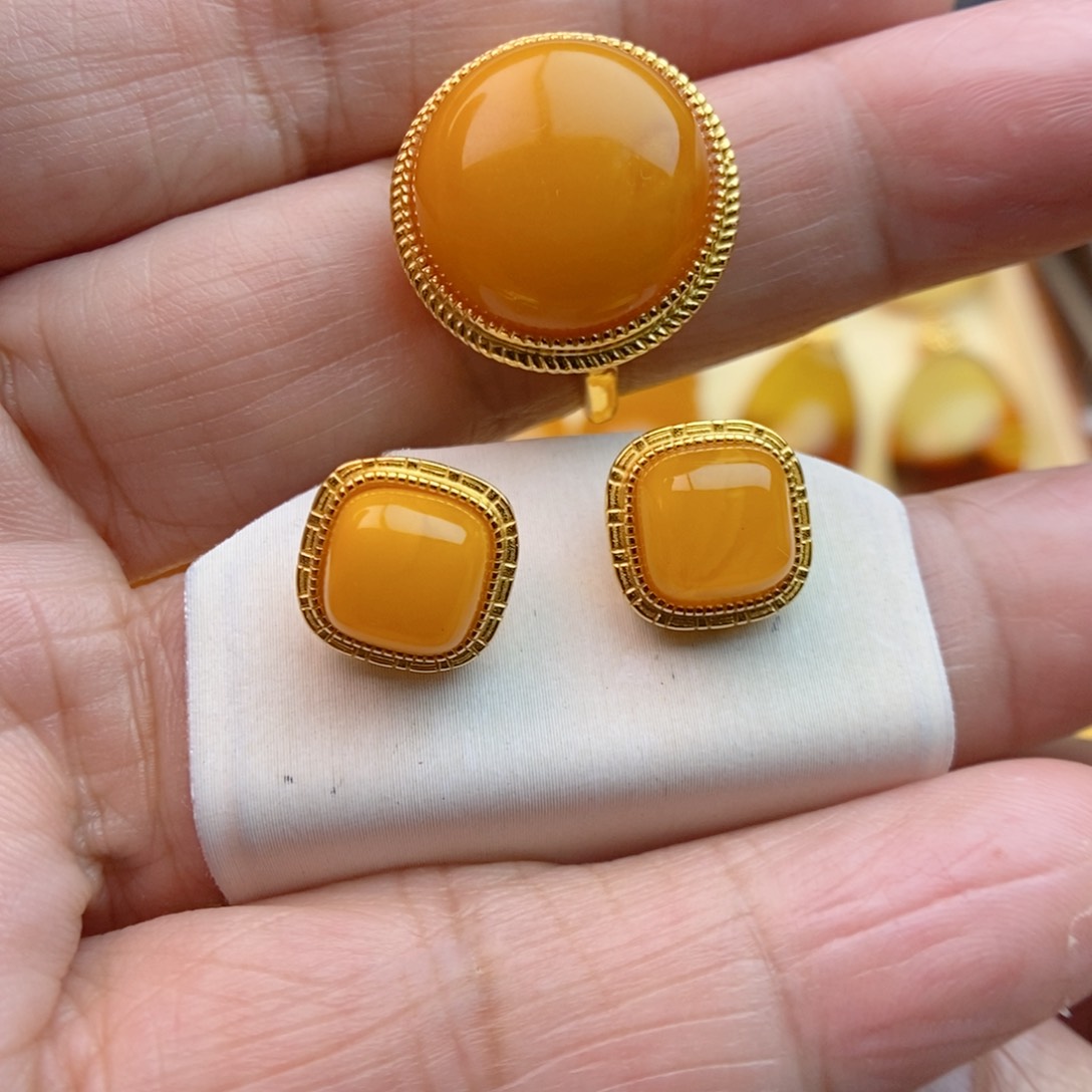 琥珀戒指银S925镀金镶嵌一套