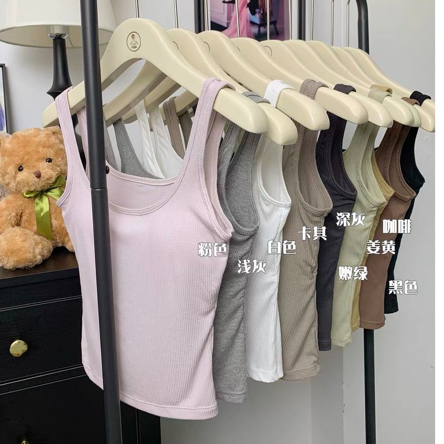 螺纹小方领背心女夏外穿显胸显腰细带胸垫内搭bra防走光内衣打底