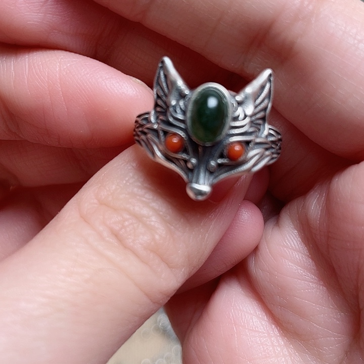 透闪石-蛇纹石玉戒指银S925镶嵌