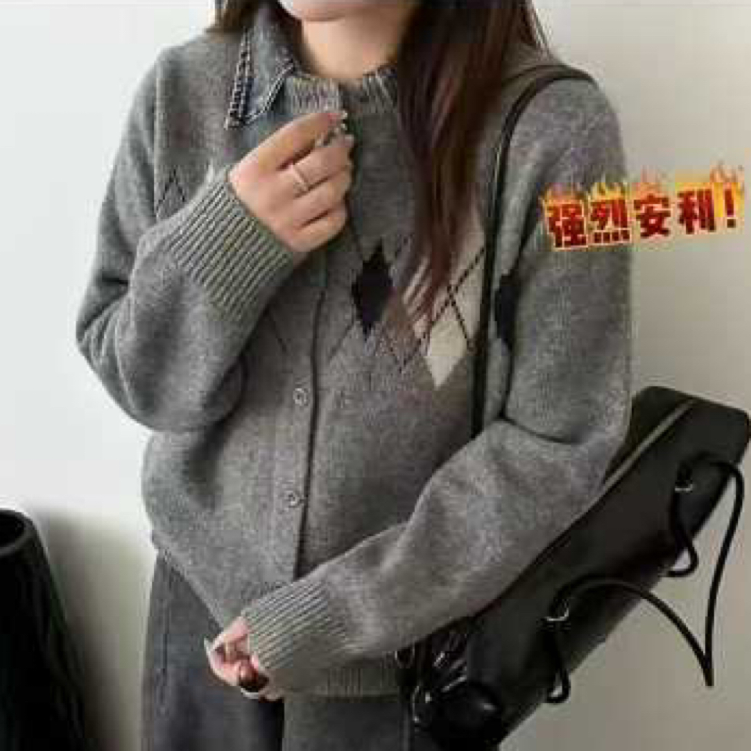 Meiky饼 法式复古 菱格提花牛仔翻领针织开衫 2色