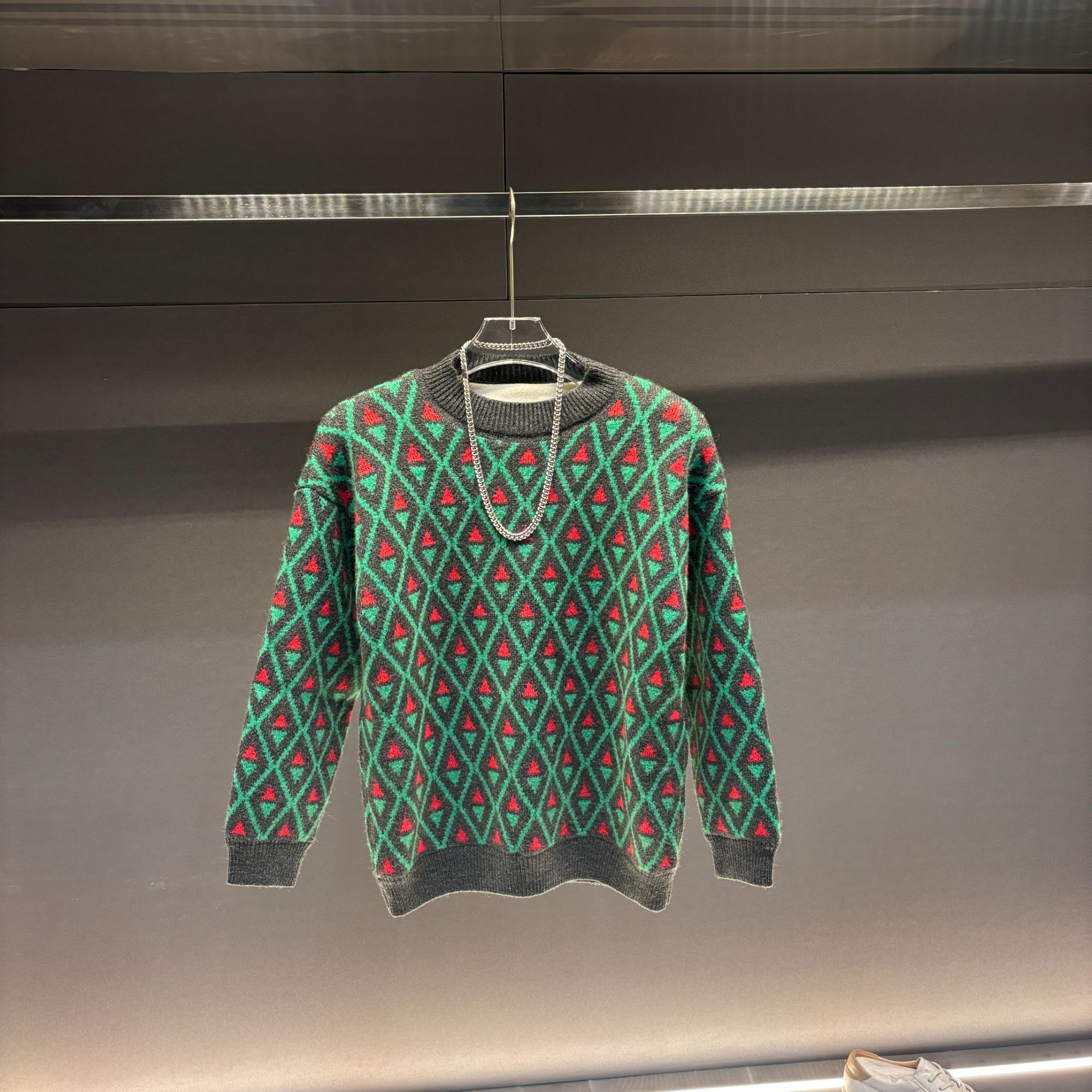 男薄款韩版加绒格子休闲风针织衫圆领极简风毛衣长袖