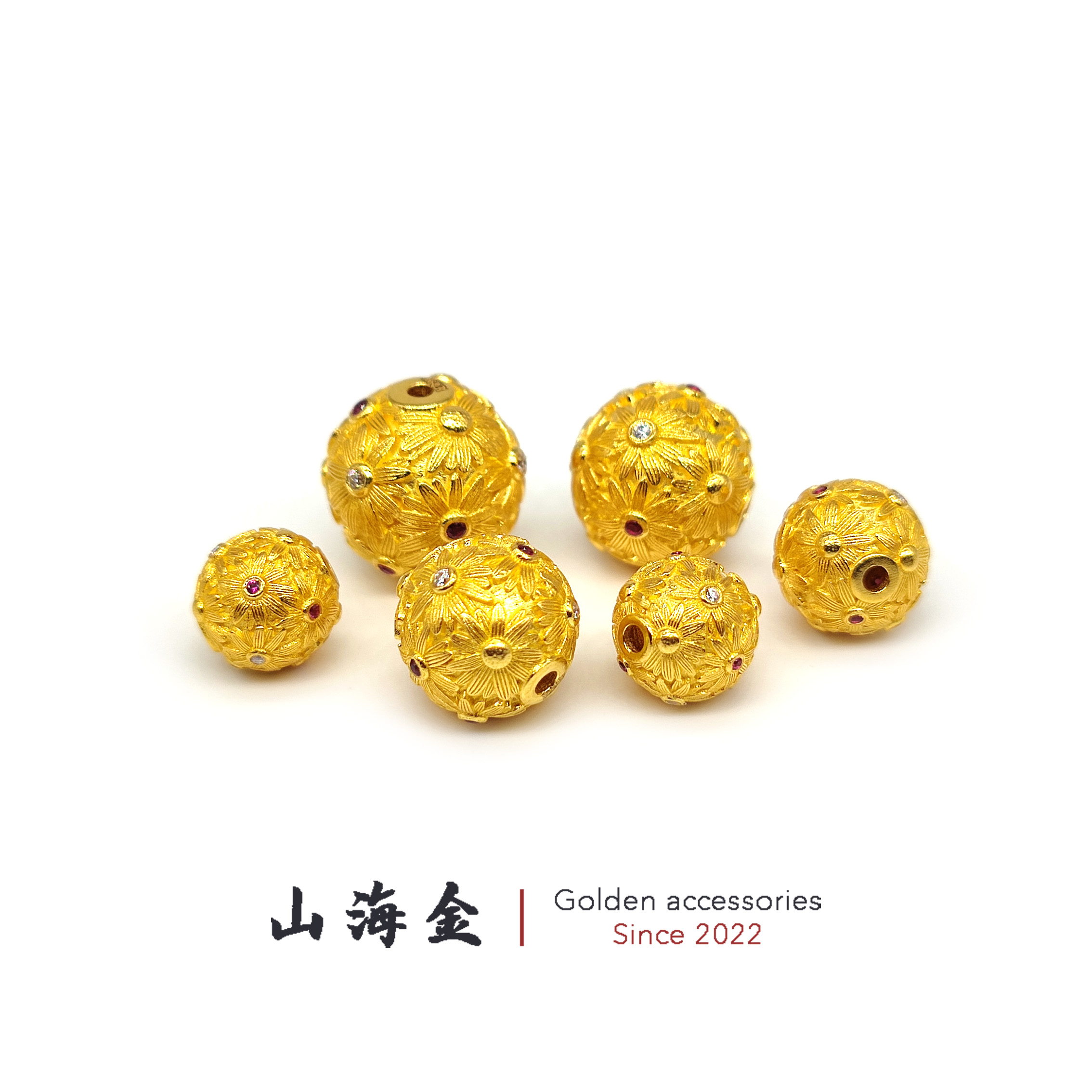 山海金 24K黄金999足金雏菊圆珠点钻转运珠顶珠腰珠菩提手串配饰