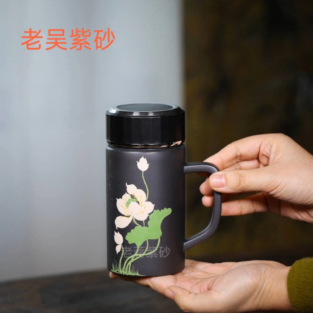 宜兴紫砂 手绘荷趣大容量把手杯