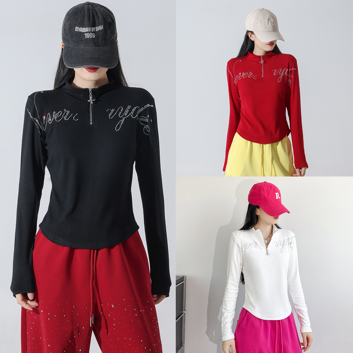 广场舞时尚烫钻半拉链上衣运动户外跳操内搭棉简约百搭显瘦长袖MN