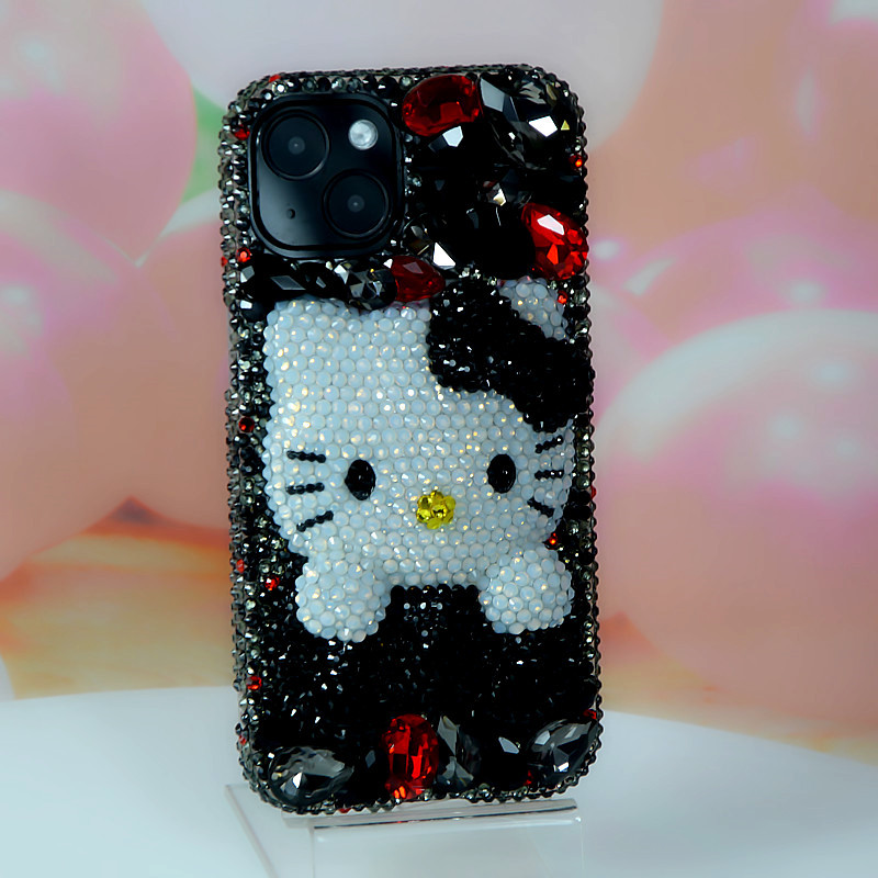 适用iPhone11 12 1314 15 pro Max苹果黑色宝石趴趴猫手机壳水钻