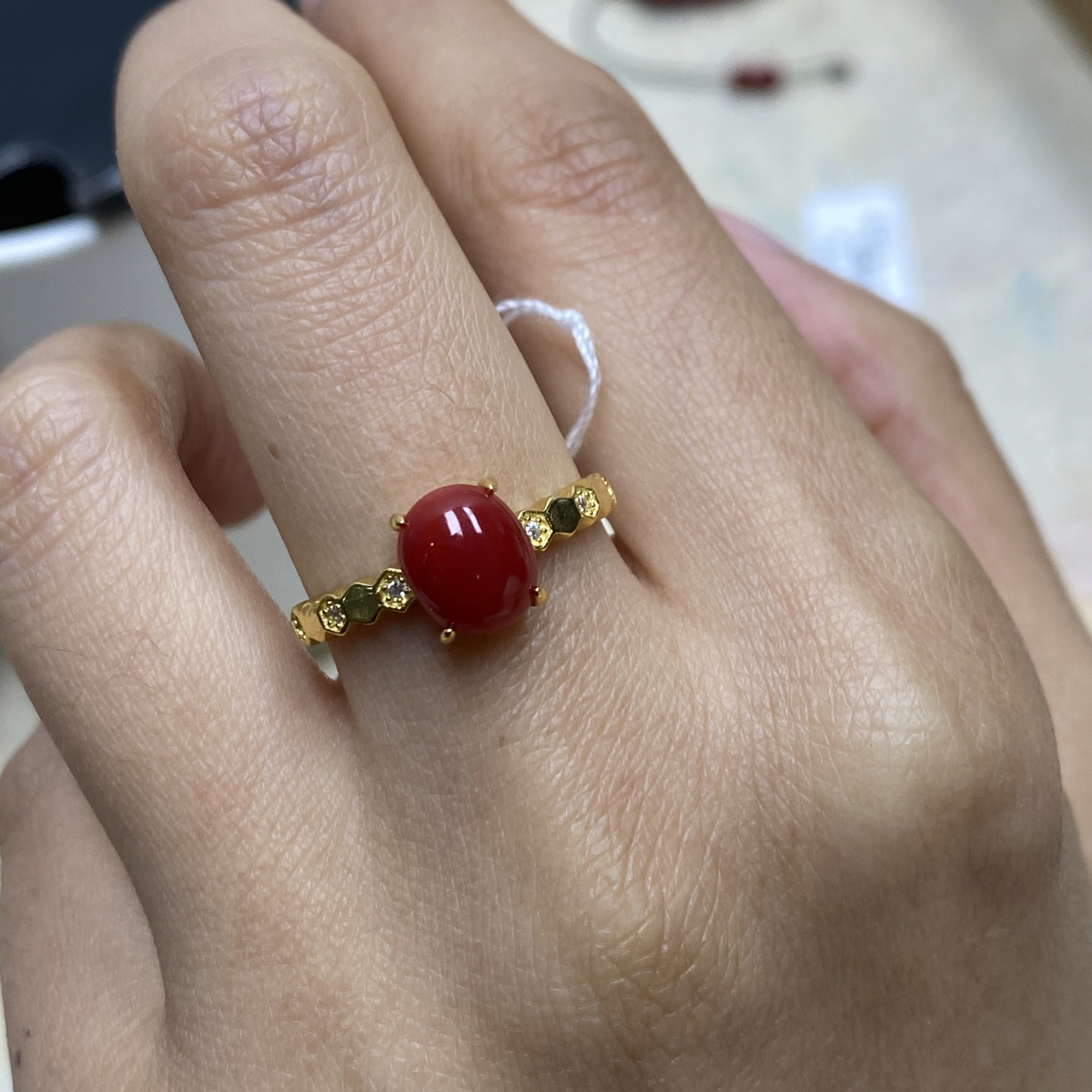 天然阿卡牛血珊瑚设计款开口可调节戒指