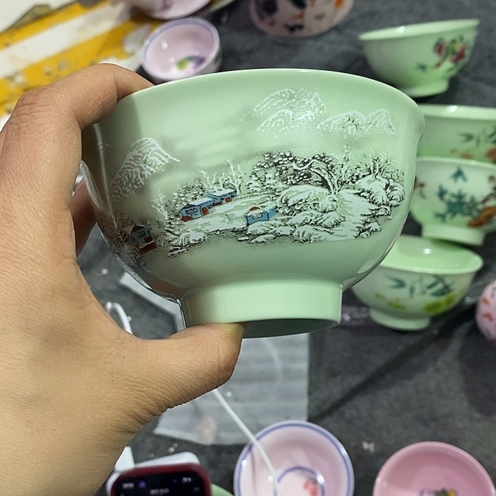 摆件陶5寸绿稀土雪景碗