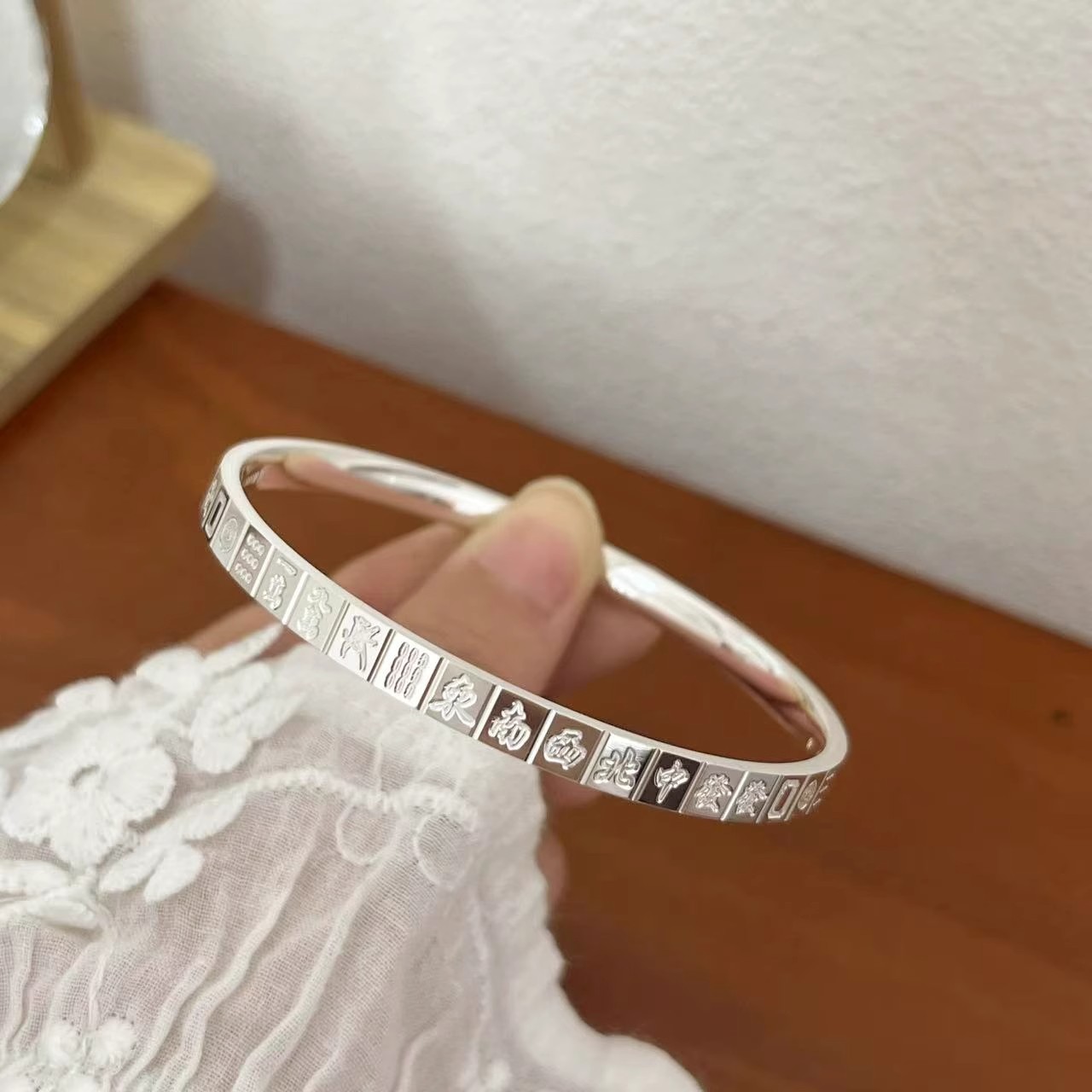 足银手镯  麻将纯银手镯足银999实心闭口光面手环七夕送女友礼物