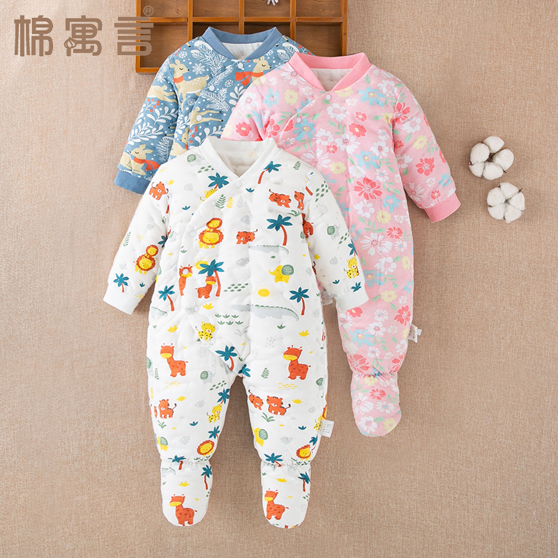 婴儿纯棉手工包脚连体衣新生儿宝宝连脚加棉哈衣秋冬季男女厚爬服
