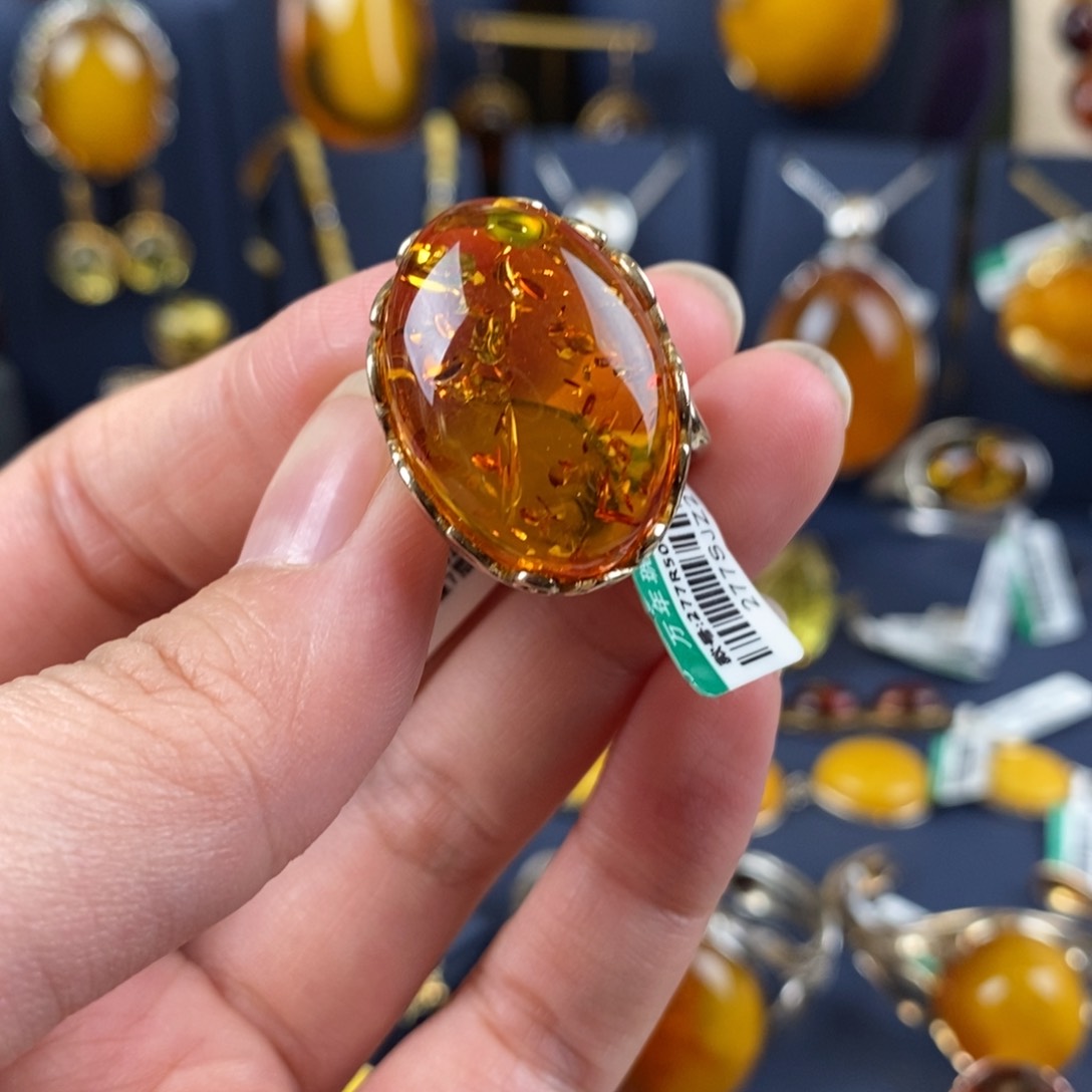 琥珀戒指银S925镀金镶嵌
