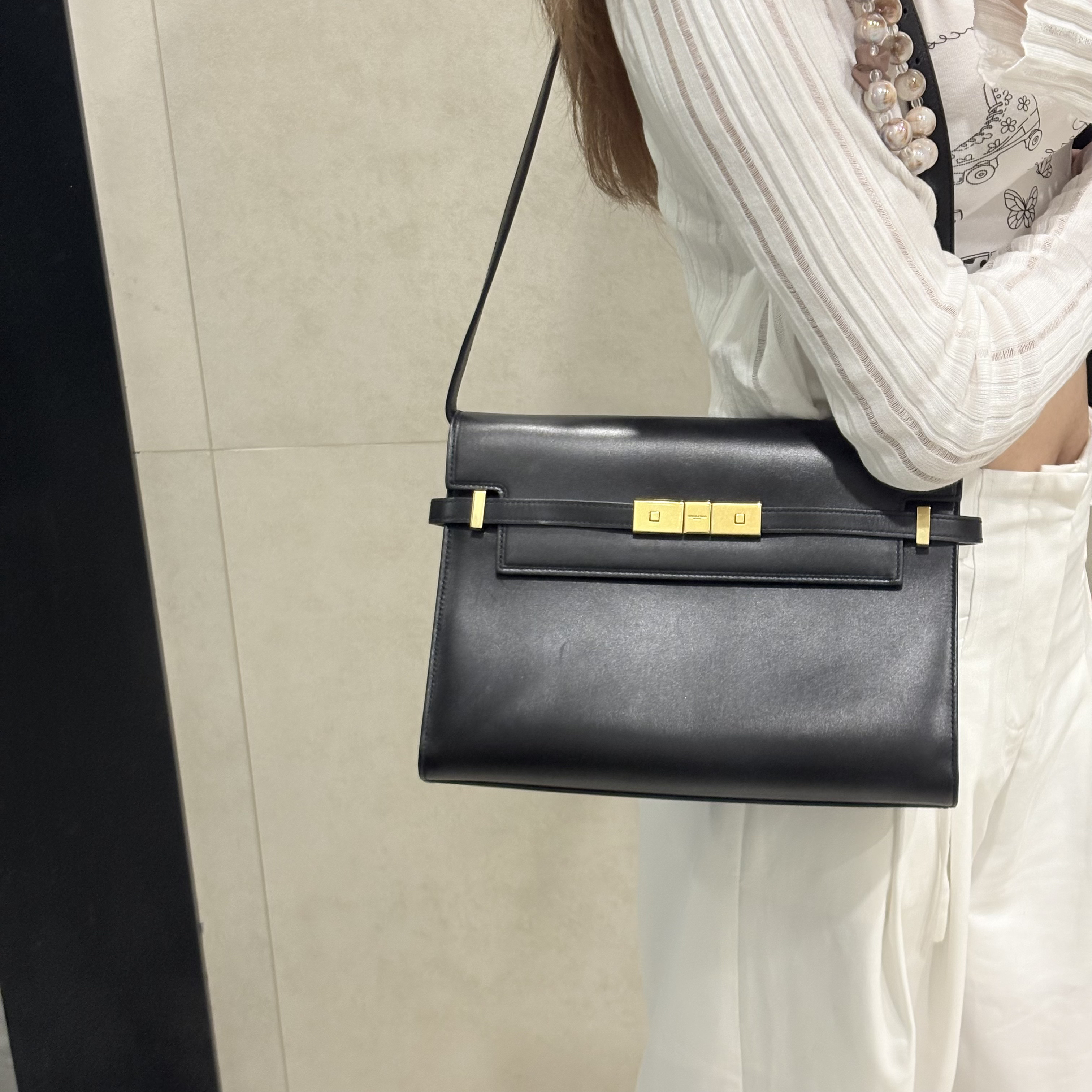 95新 YSL/圣罗兰 黑金中号曼哈顿单肩包