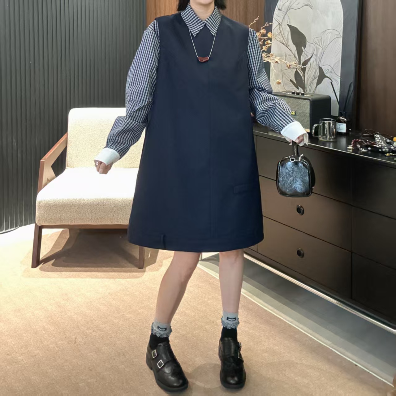Dayuan 早春定制宽松时尚无袖马甲裙+格子衬衫两件套503017