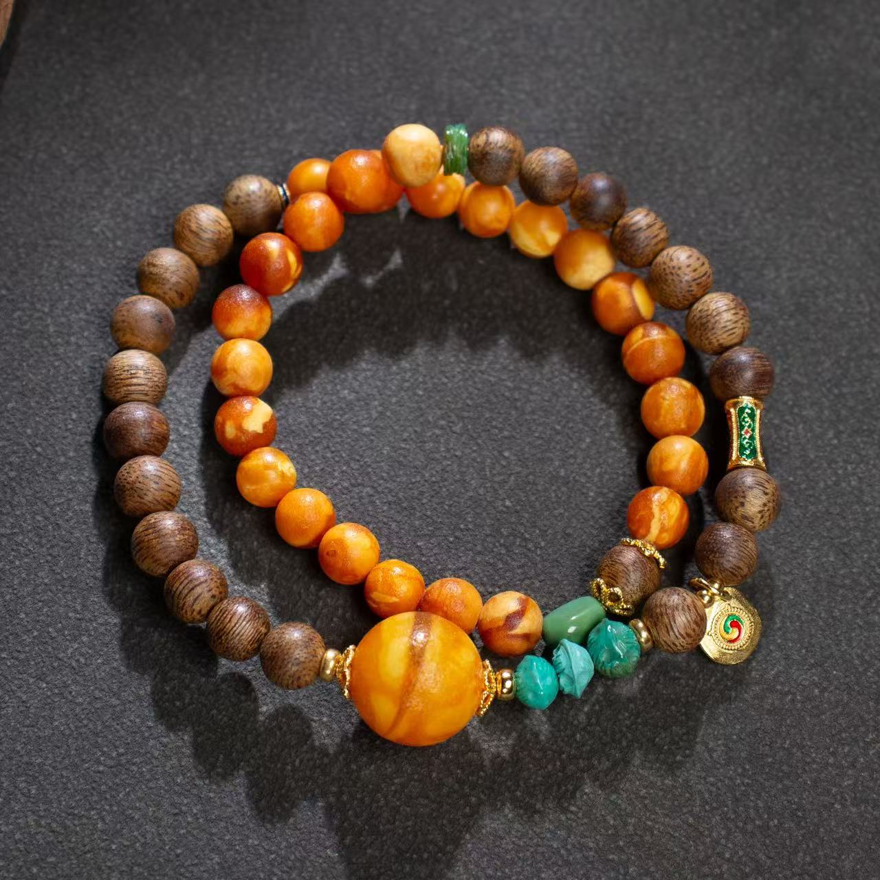 【壹芳珠宝】天然原矿琥珀蜜蜡橘皮花蜡绿奇楠双圈6mm