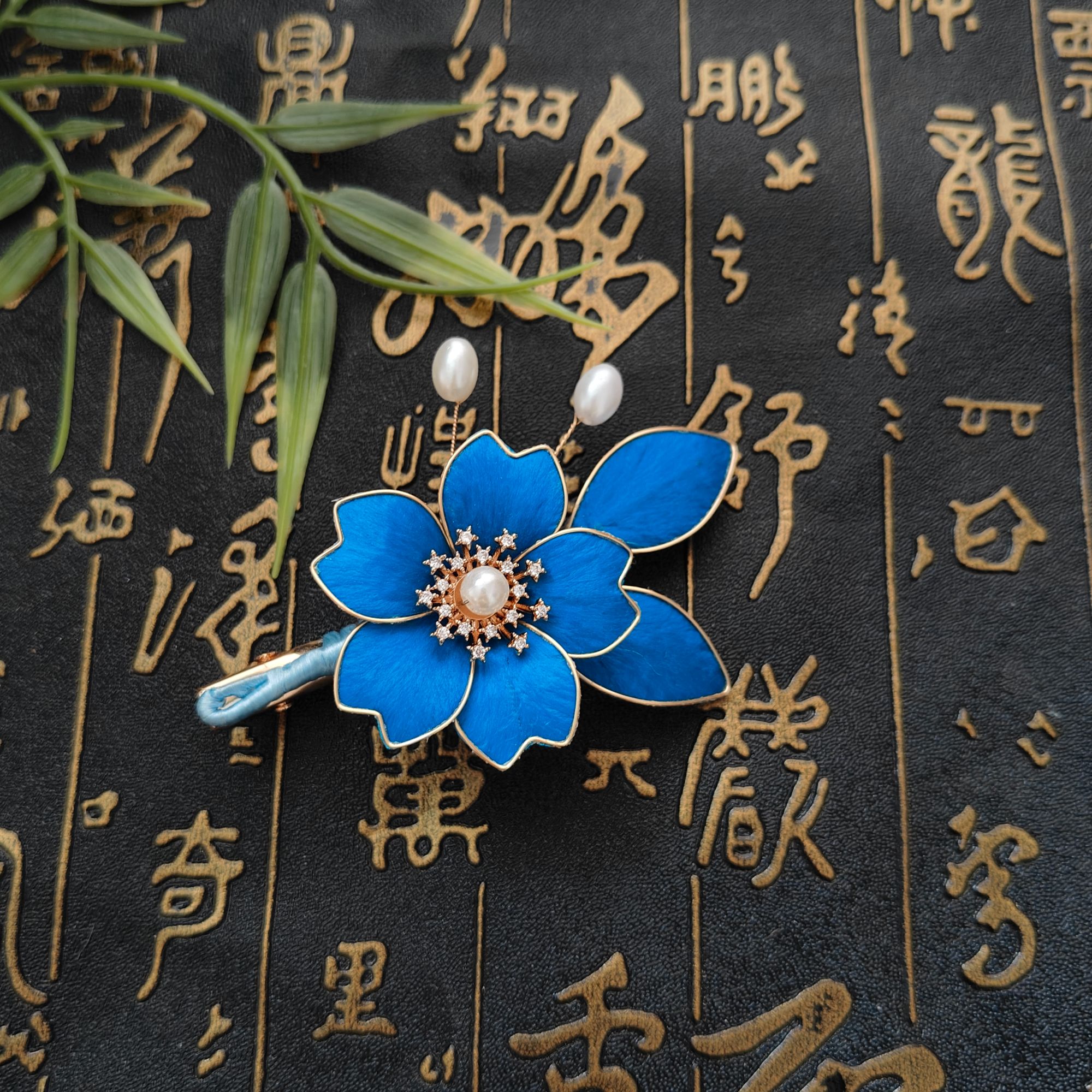 点翠蓝樱花发夹掐丝手工百搭日常气质小众丸子头侧边夹古典简约