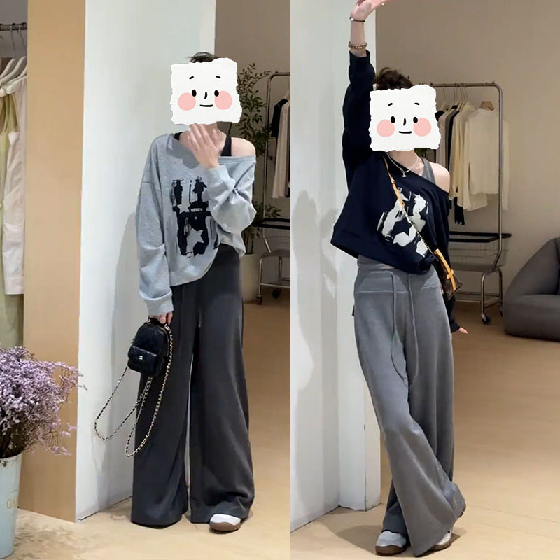 2025时尚早秋时尚小个子慵懒风百搭印花斜肩卫衣休闲卫裤两件套装