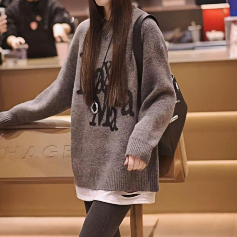 中长款假两件毛衣女秋冬新款胖MM大码女装宽松显瘦遮屁股针织上衣