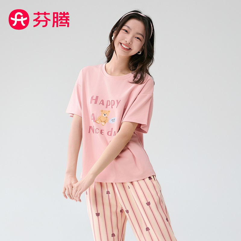 芬腾睡衣女士【100%纯棉】2025年夏季圆领七分裤短袖透气家居服