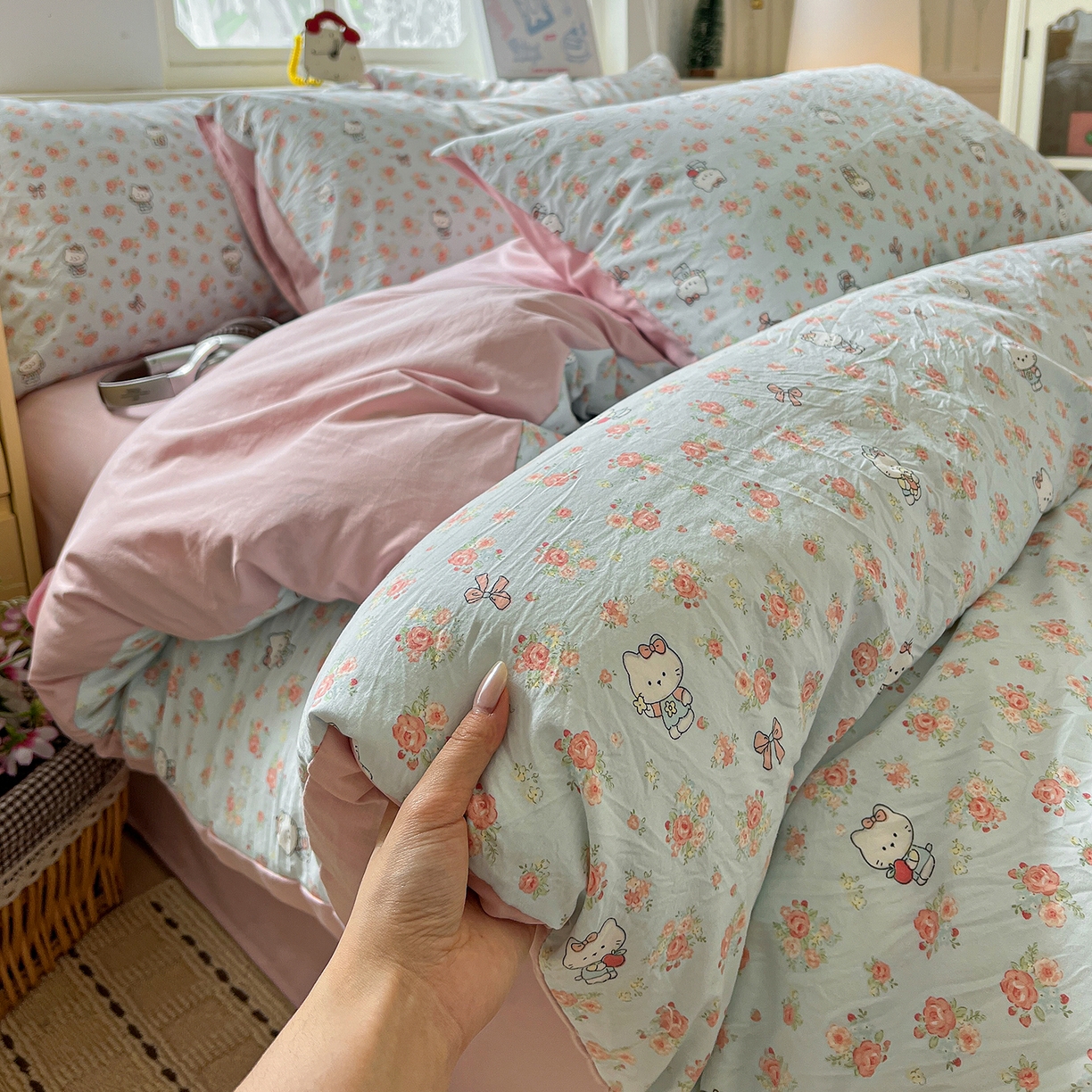  2026新款A类仿棉四件套古法水洗棉小清新印花小碎花四件套