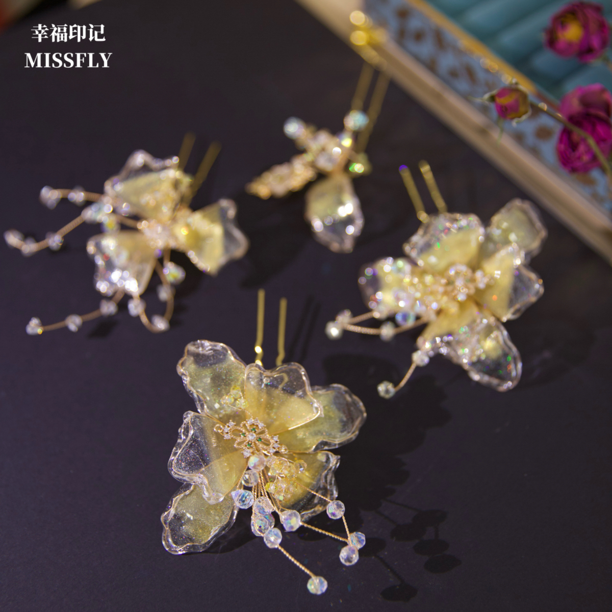 新娘新中式浅色水凝胶发簪花朵头饰金色秀禾服旗袍晨古风减龄头饰