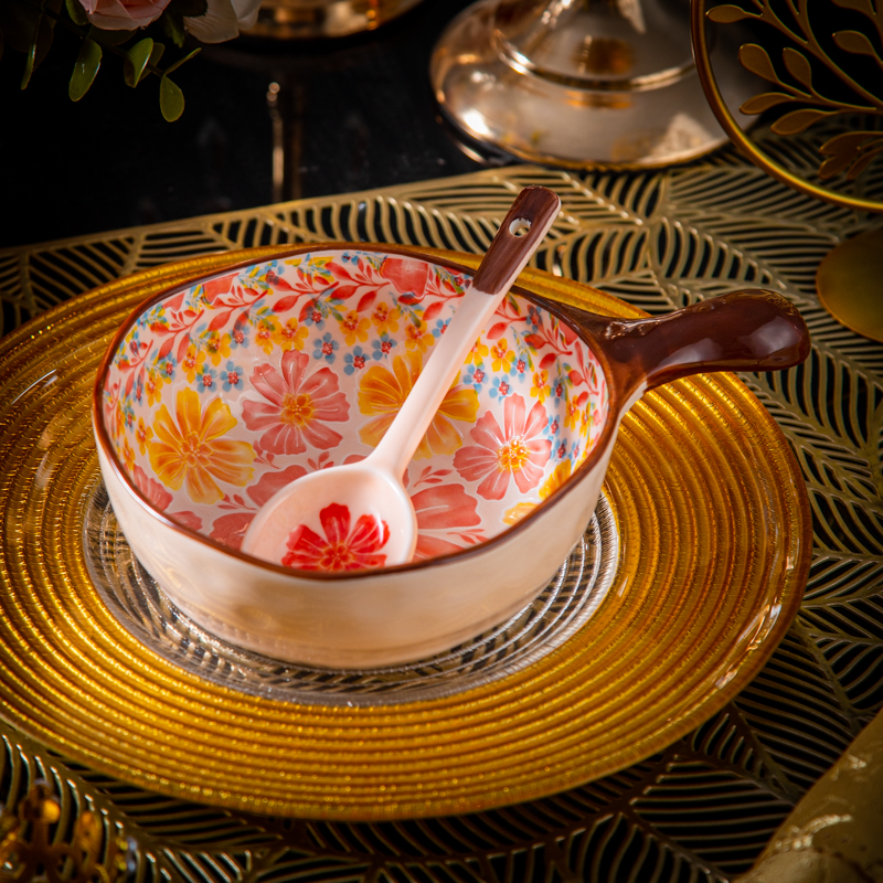 家用陶瓷餐具美二烧釉下彩蒲公英异形石头纹手柄碗带长柄勺子