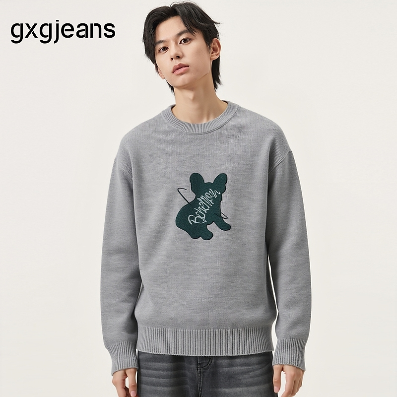gxg.jeans男装 灰色宽松休闲圆领线衫毛衣男打底基础 25秋冬新品