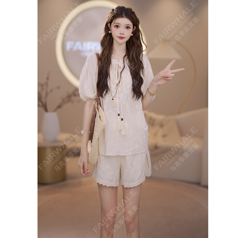 【套装】马克华菲女装法式高级绣花套装气质衬衫休闲短裤两件套 X