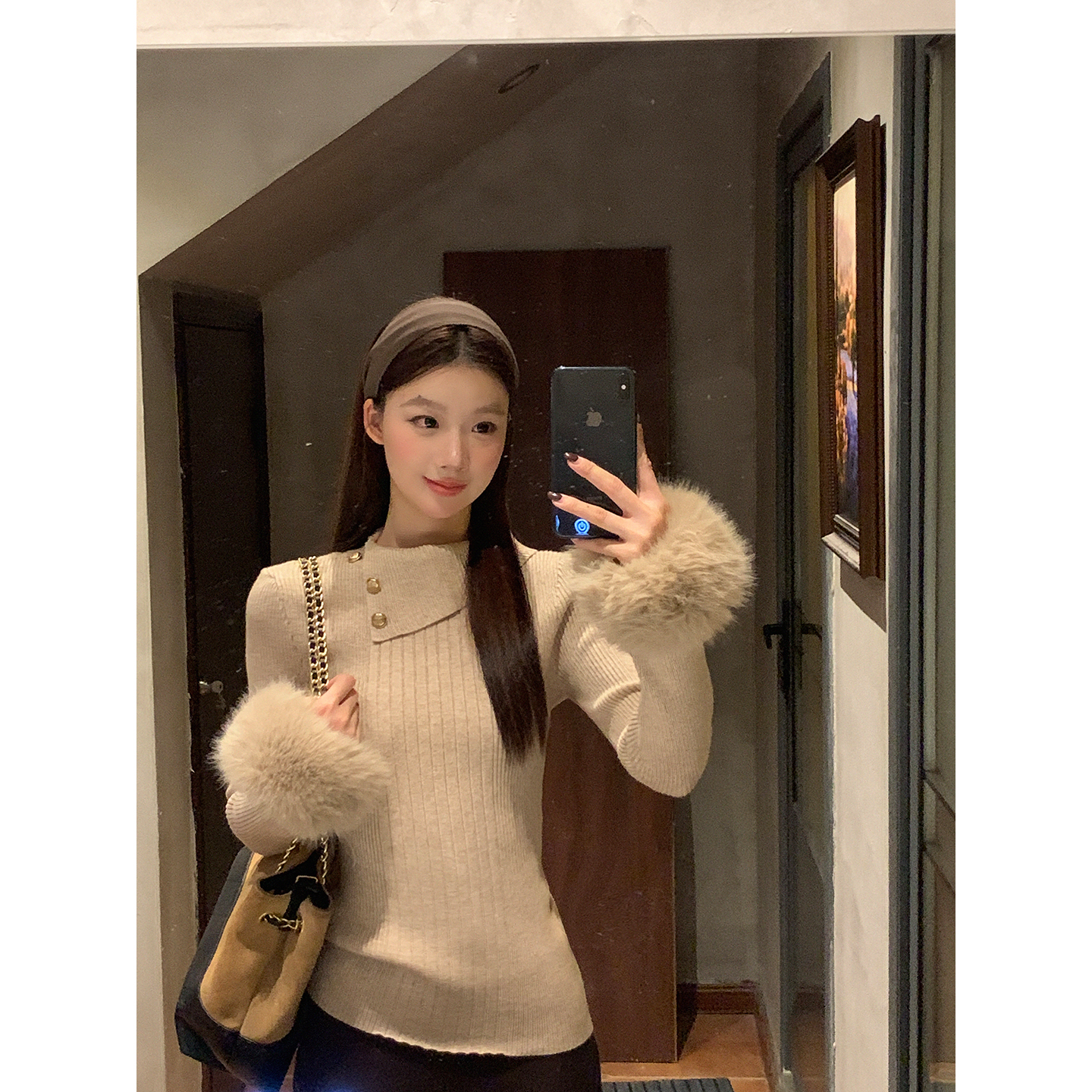 【HRG】冬季法式高级感长袖套头针织翻领显瘦修身毛毛袖毛衣1115