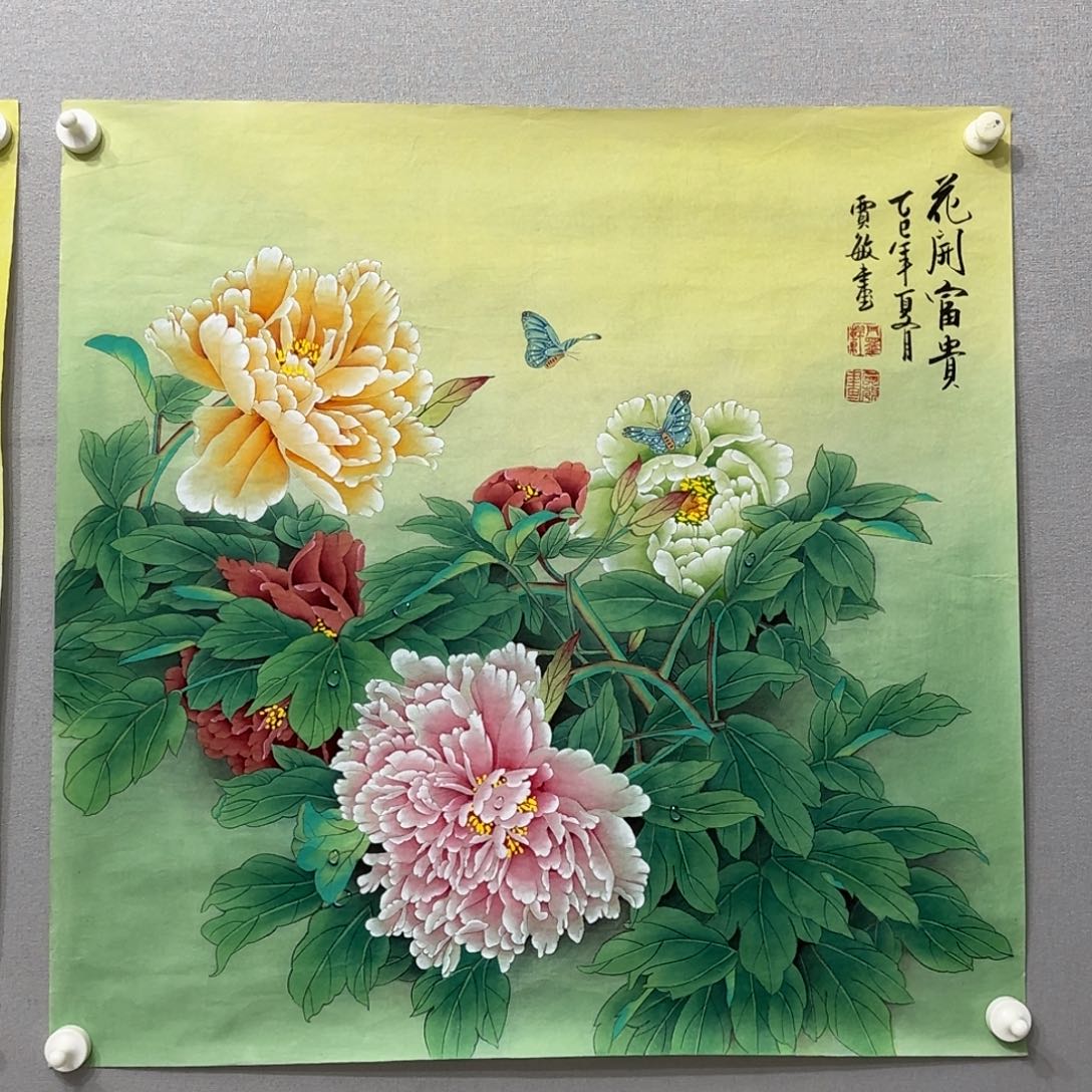 国画工笔牡丹斗方贾敏