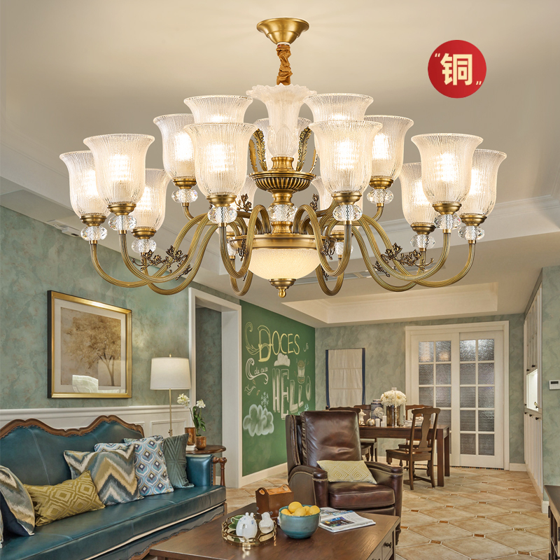 美式全铜客厅吊灯奢华欧式复古中古风灯具高级感别墅大厅餐厅铜灯