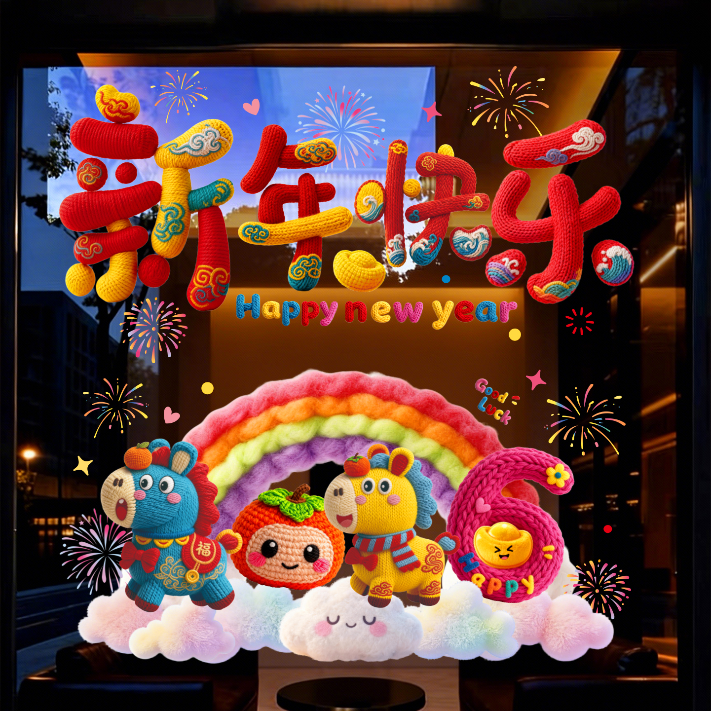 新款马年裸眼5D可爱小马针织视感静电贴装饰品橱窗玻璃新家装饰