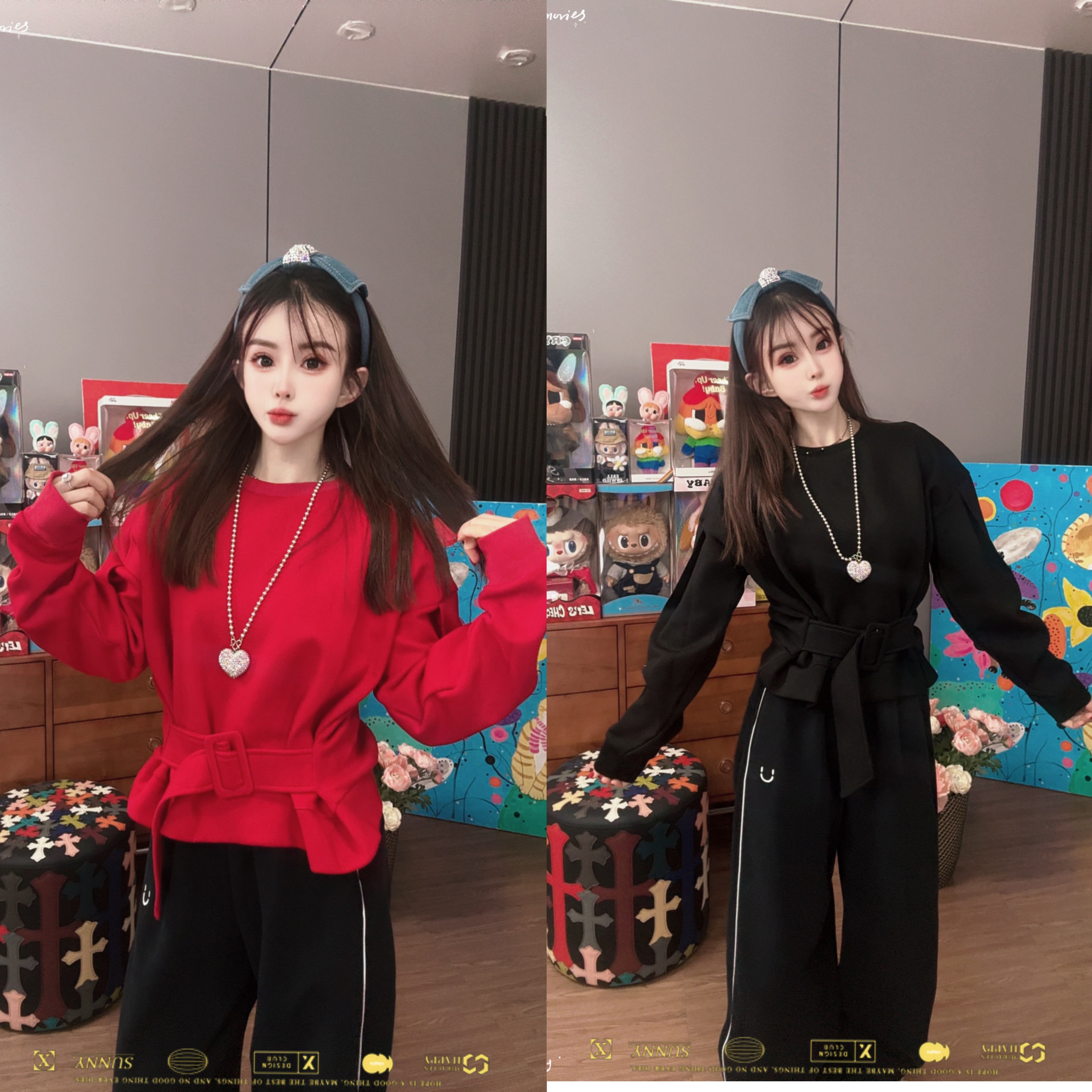 【王小小8024】秋冬新款绑带收腰圆领卫衣女显瘦小众百搭上衣服