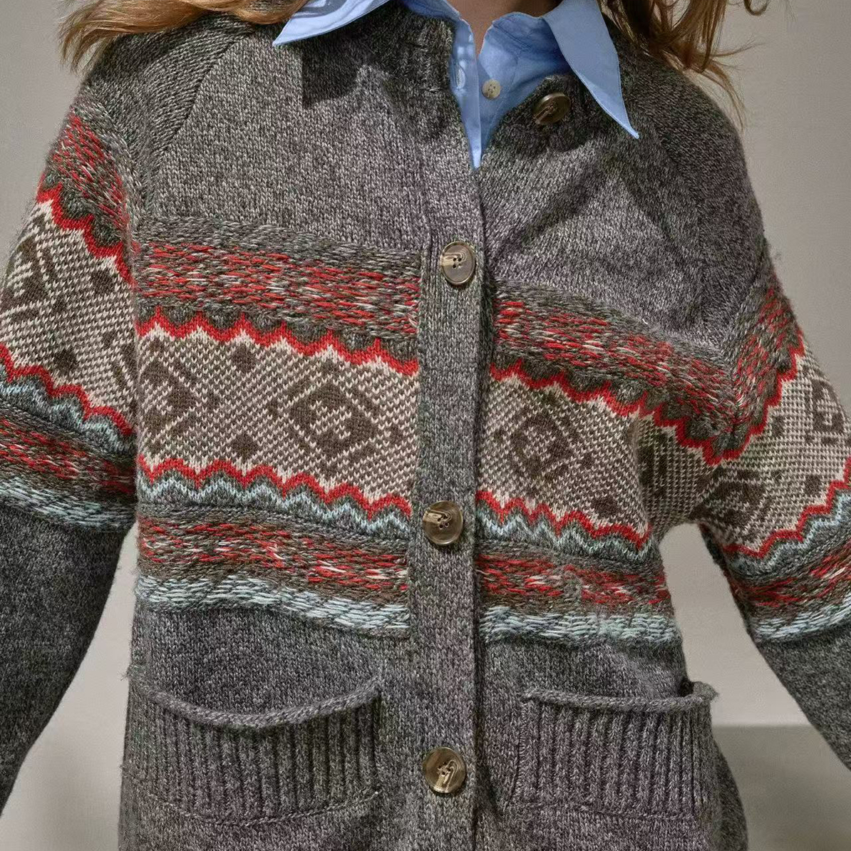 氛围感费尔岛撞色提花宽松长袖V领针织开衫外套秋冬6946